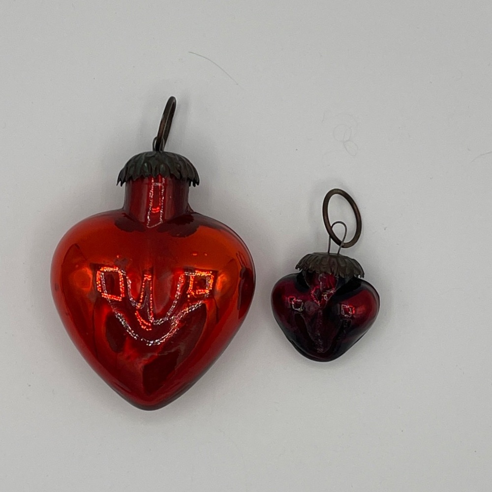 2 Kugel Red Heart Glass Christmas Ornament Valentine Heavy 4” 2”